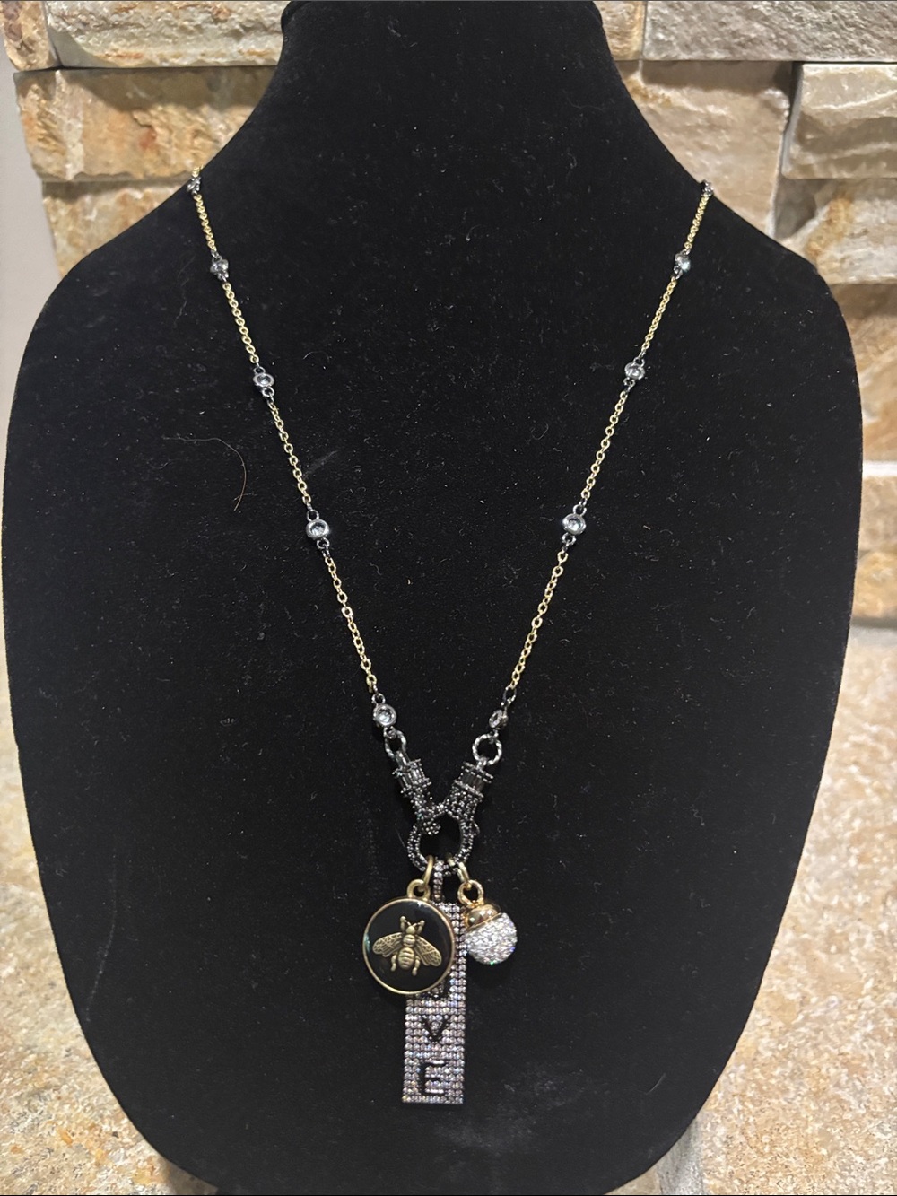 Gold and Black GG Bee Charm Necklace with Crystal 'LOVE' Pendant